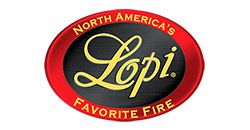 Logo for Lopi fireplaces, featuring a gold script 