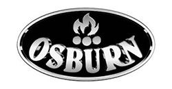 Osburn logo: oval with black background, silver trim and letters, flame graphic on top.