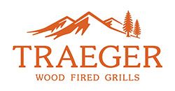 Traeger Wood Fired Grills logo with orange mountains and trees above the brand name in orange text.