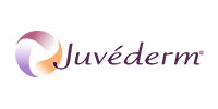 Juvederm logo with a purple and peach circular swirl and purple wordmark on a white background