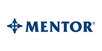 Menton blue logo with star-like symbol and bold text on a white background