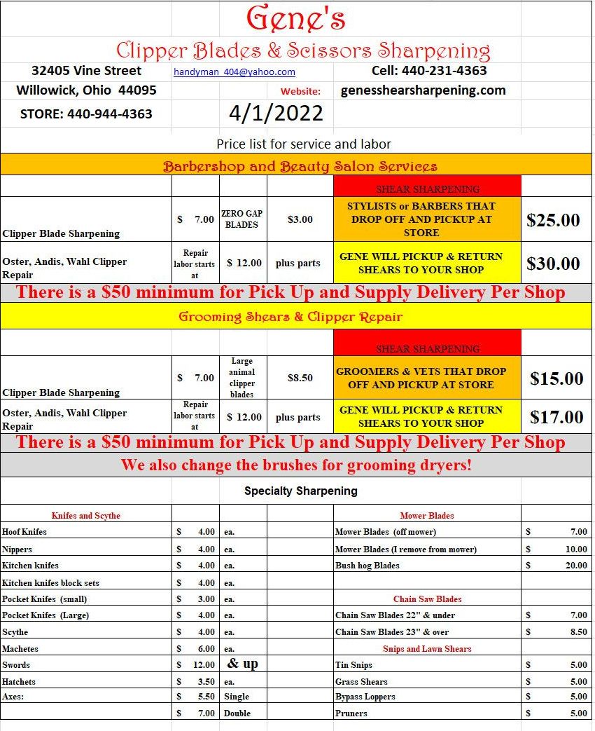 Prices Gene's Clipper Blades & Scissor Sharpening