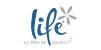 Blue and gray “life” logo with spa and hot tub essentials text and a small flower icon