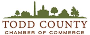 Todd County Chamber of Commerce logo with green landscape silhouette and brown text