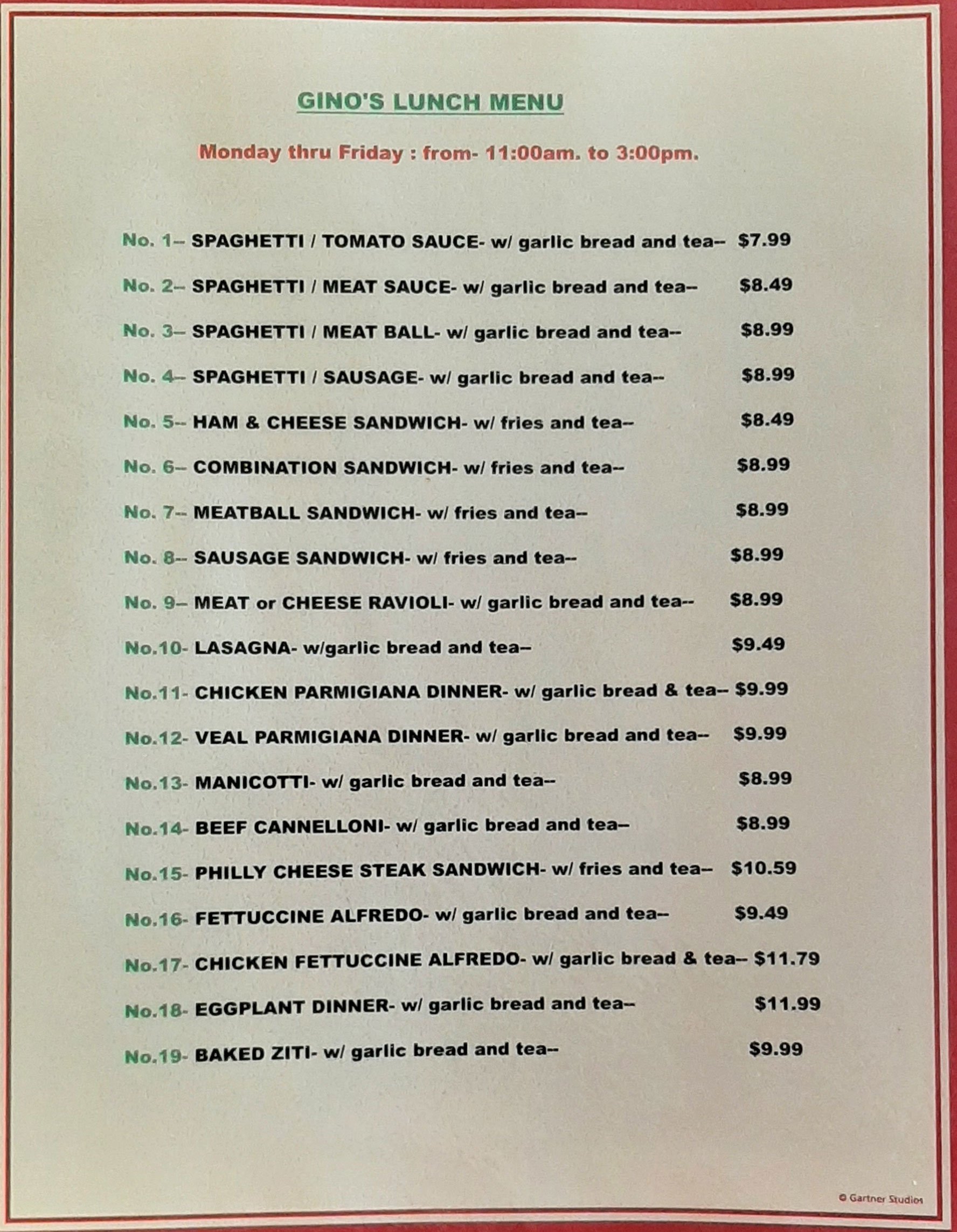 LUNCH MENU Gino's Italian Restaurant & Pizzeria