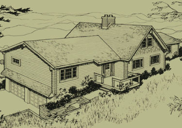 A black and white drawing of a house on a hill