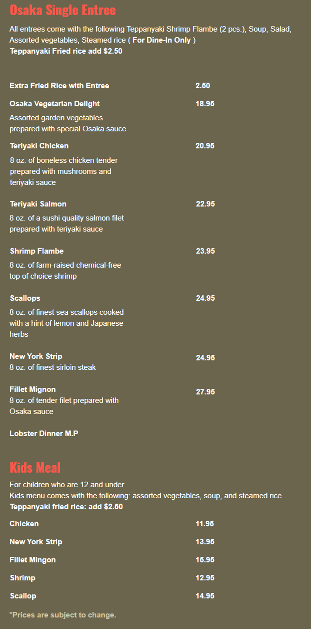 Osaka Japanese Steakhouse & Seafood Single Entrees Menu Gainesville