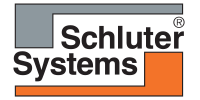 Schluter Systems logo with black text and orange geometric bars on a gray background