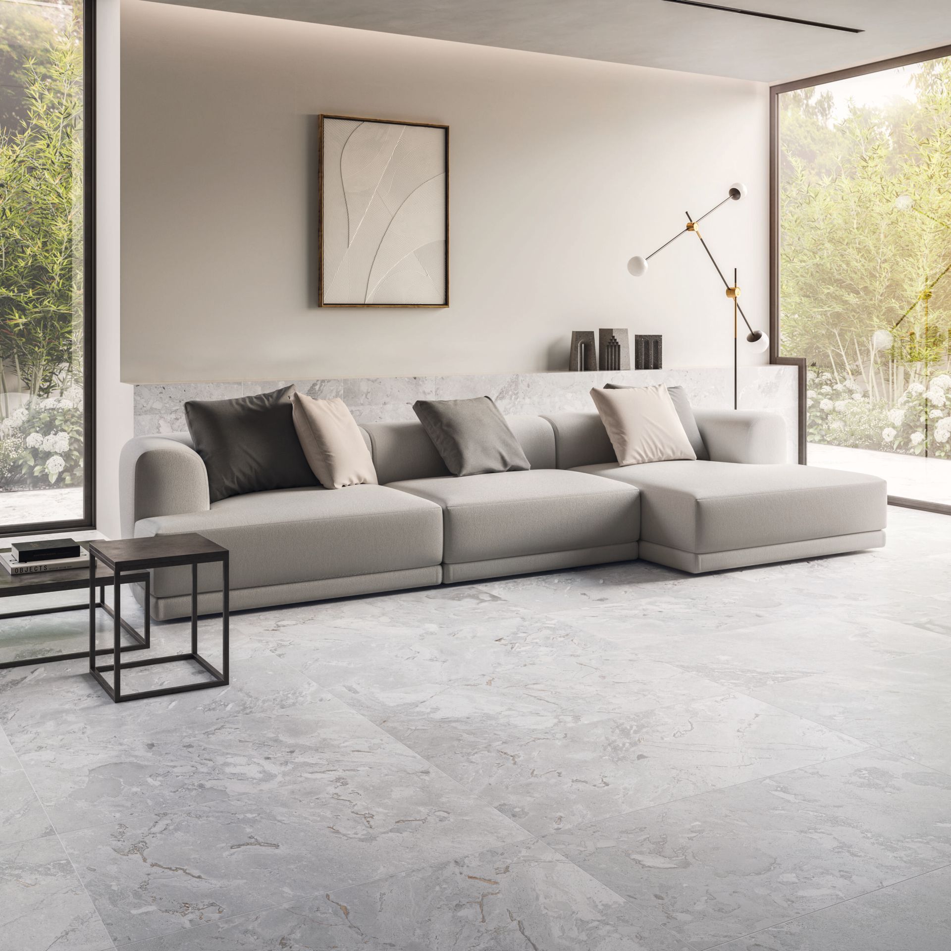 floor tile porcelain  in living room setting called Eva Pebble from happy floors