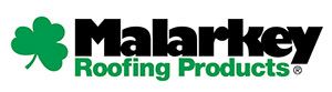 Malarkey Roofing Products logo with green shamrock icon and black-and-green text