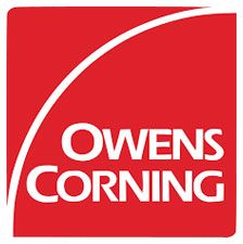 Owens Corning logo with white text on a red background and curved white line.