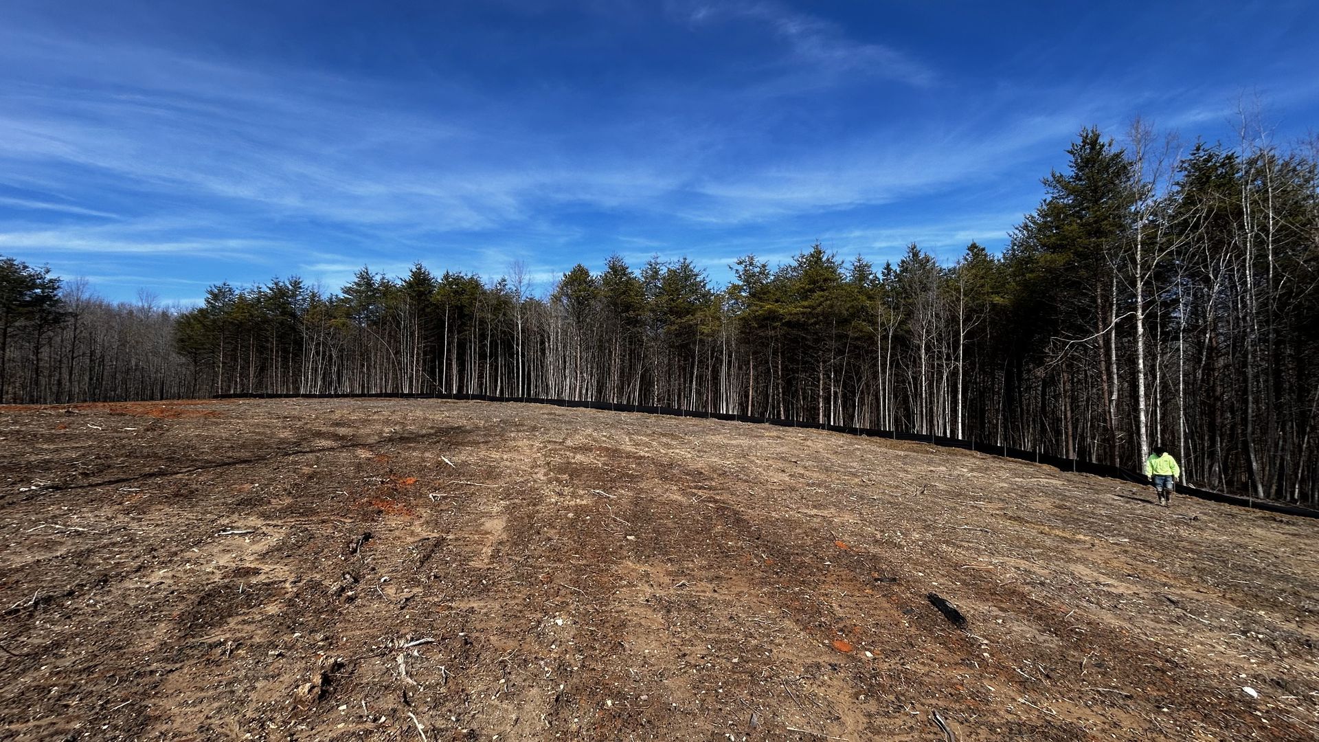 A dirt field with trees in the background on a sunny day.