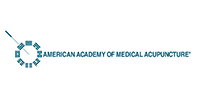 Logo for the American Academy of Medical Acupuncture, featuring a circular icon of needle-like shapes and blue text.