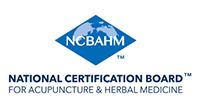 Logo for the National Certification Board for Acupuncture & Herbal Medicine (NCBAHM) featuring a blue diamond globe icon.