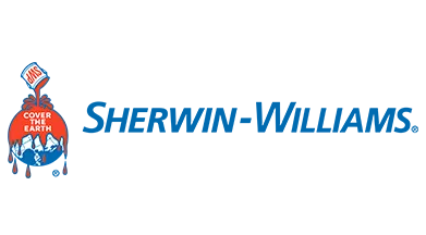 Sherwin-Williams logo: paint can pouring red paint over a globe, text 