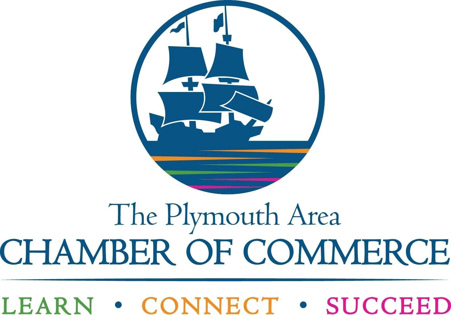 Plymouth Area Chamber of Commerce logo: ship in a circle above text, 