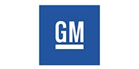Blue square GM logo with white letters and underline