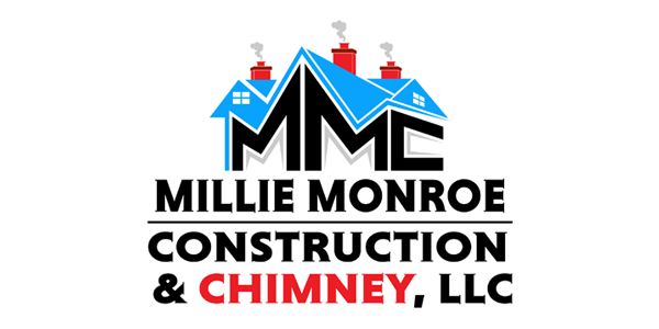 Millie Monroe Construction & Chimney logo with blue roof and red chimney accents