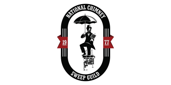National Chimney Sweep Guild logo with a chimney sweep silhouette in a black oval, red ribbons, and white text