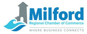 Logo for the Milford Regional Chamber of Commerce featuring a gray lighthouse icon, blue waves, and the company name.