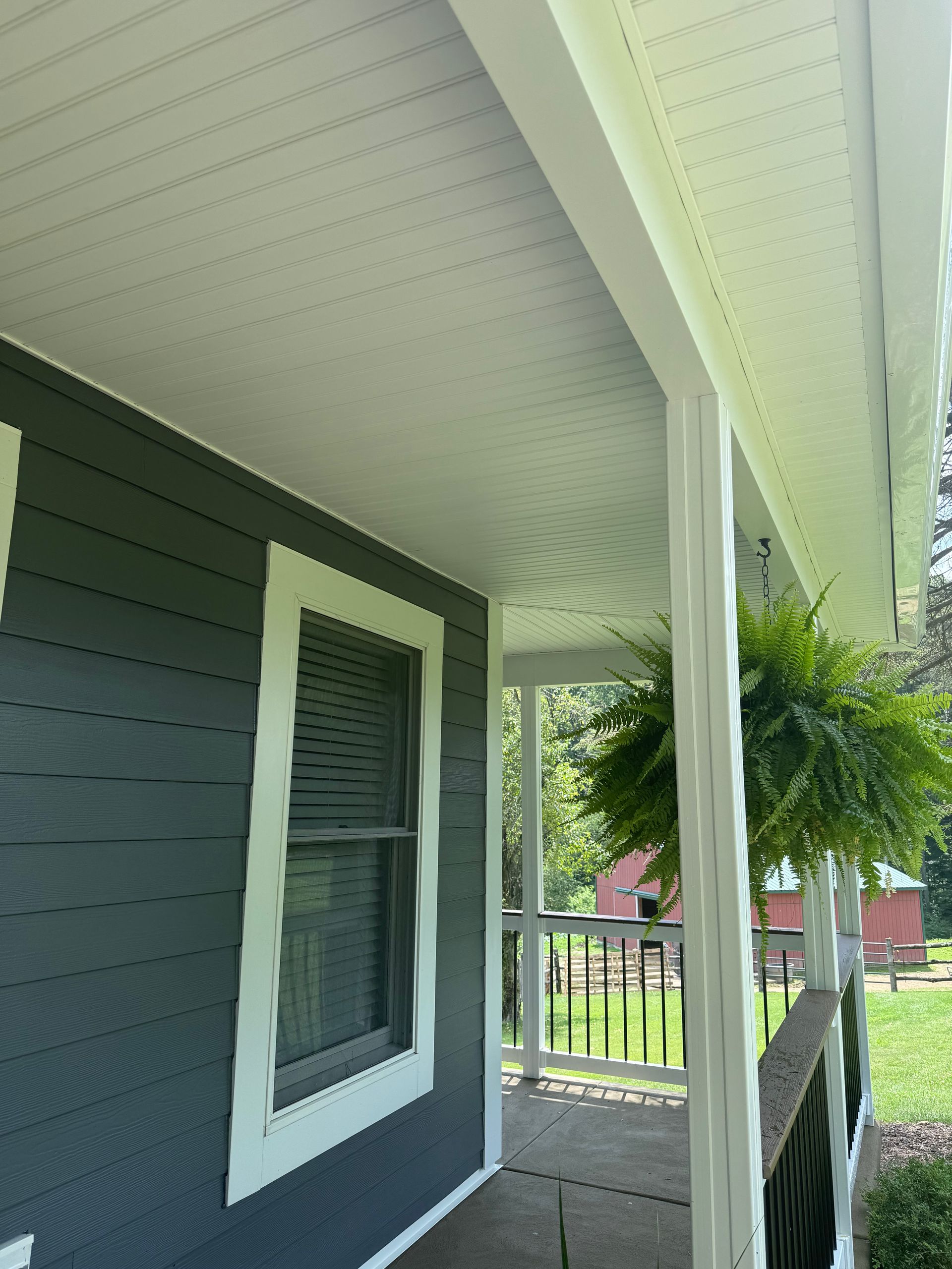 A low-angle view of a grey-sided house porch with a white ceiling, window trim, and a hanging green fern.