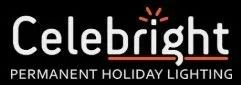 Celebright logo with white text and red accent above “PERMANENT HOLIDAY LIGHTING” on a black background