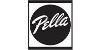 Pella logo in a black circle with white script inside a square border