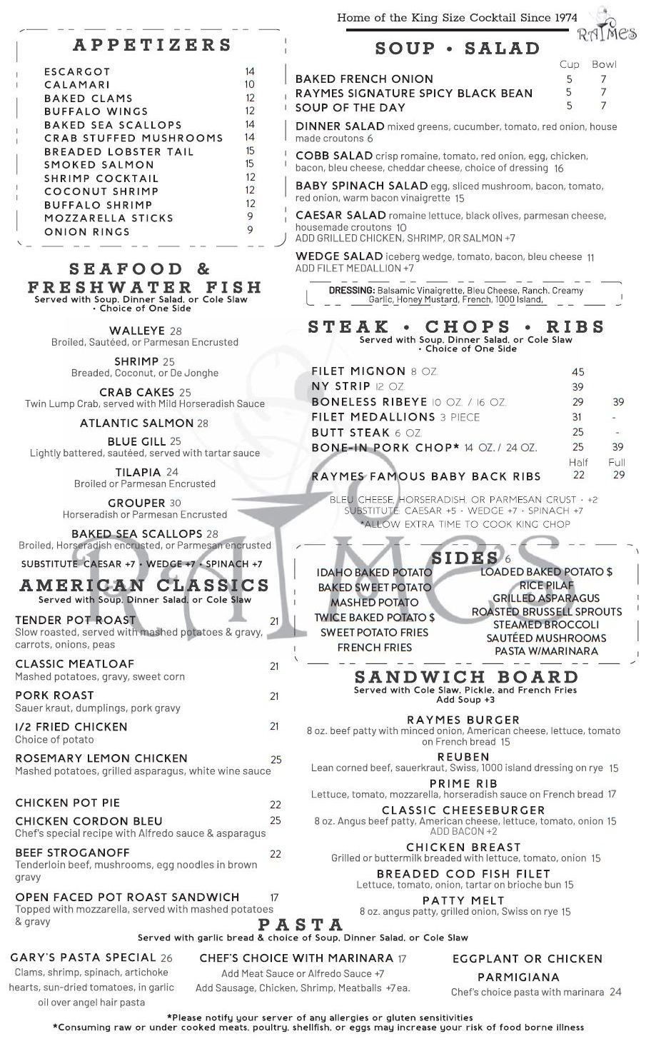 Raymes Steak & Fish House Menu Lisle, IL