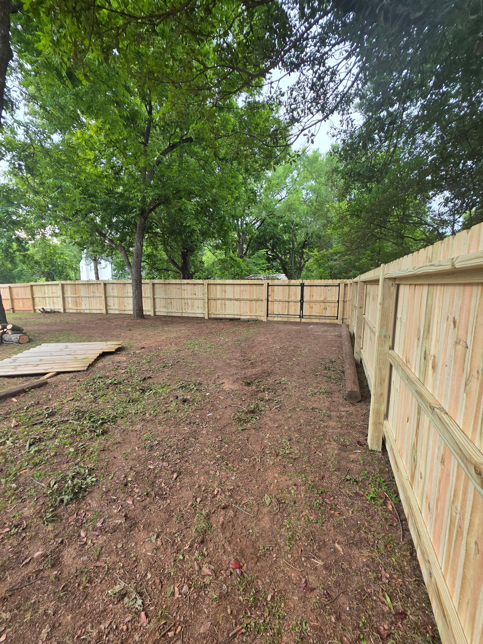 Backyard with a dirt slope, wooden fence, and tall trees overhead