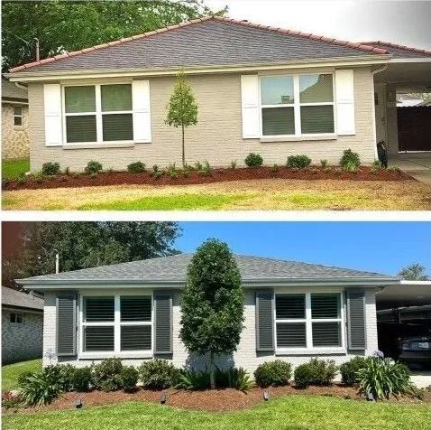 Before-and-after view of a house exterior, showing landscaping and window updates.