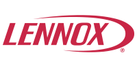 Lennox logo in red font with a red curved line around it on a white background.