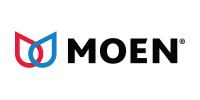 Moen logo with red and blue water droplets and the brand name in black.