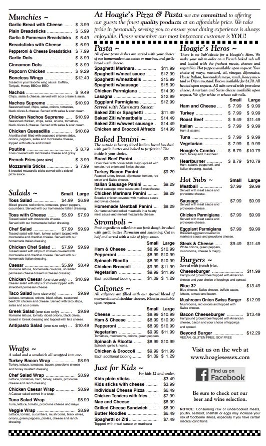 Hoagie's Pizza & Pasta Menu I Essex, VT