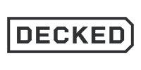 DECKED logo in a gray, rectangular shape with rounded corners, and a pointed end. The word 