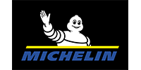 Michelin Man waving; Michelin logo with text, blue on black.