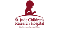 St. Jude Children's Research Hospital logo: Red silhouette of child looking down, arched text below.