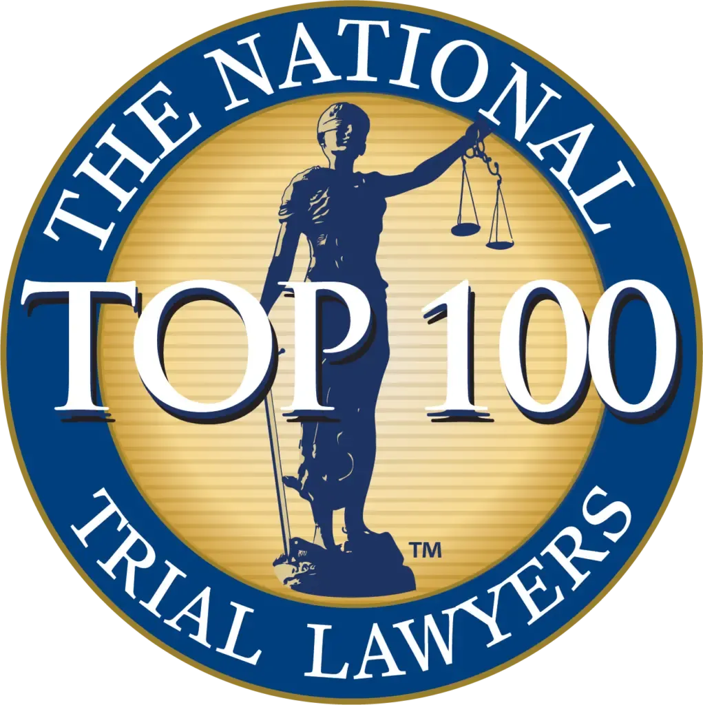 The National Trial Lawyers Top 100 blue and gold emblem on a white background