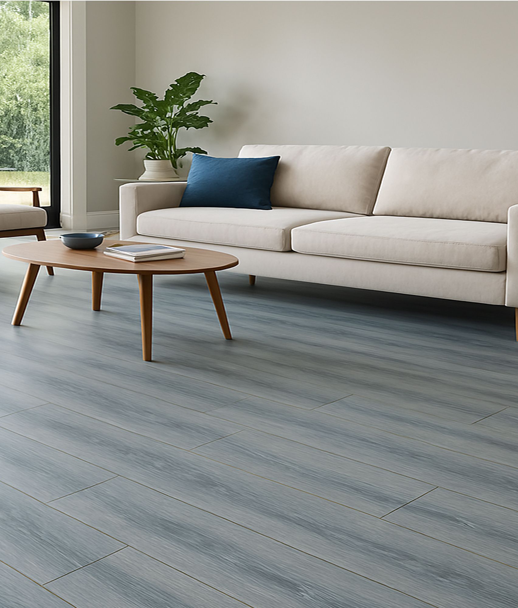 Living room with light blue wood-look floor, beige couch, wooden table, and a window overlooking greenery.
