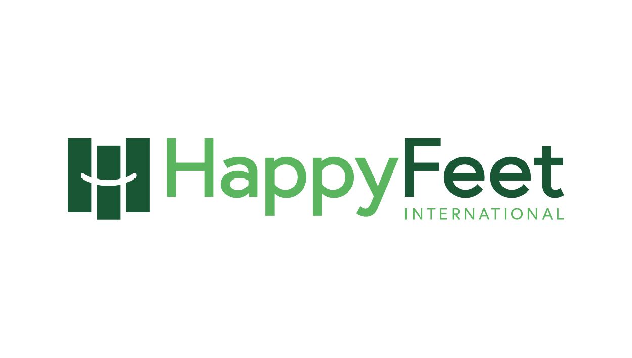 Happy Feet International logo: green text with a smiling face icon.
