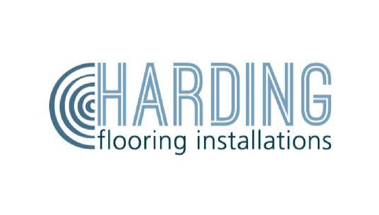 Logo for Harding Flooring Installations: Blue text with concentric circles and the words