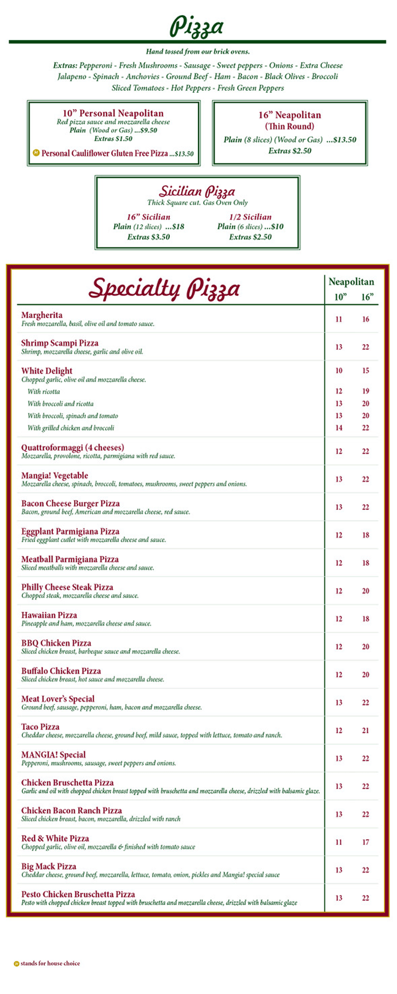 Mangia! Italian Restaurant & Pizzeria Pizza Menu Mohnton