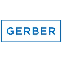 Gerber logo: Blue text within a blue-lined white rectangle. The text reads