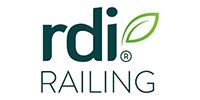 A logo for rdi railing with a green leaf on it.