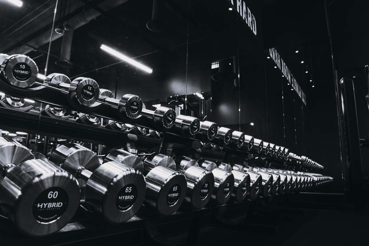 A black and white photo of a row of dumbbells in a gym.