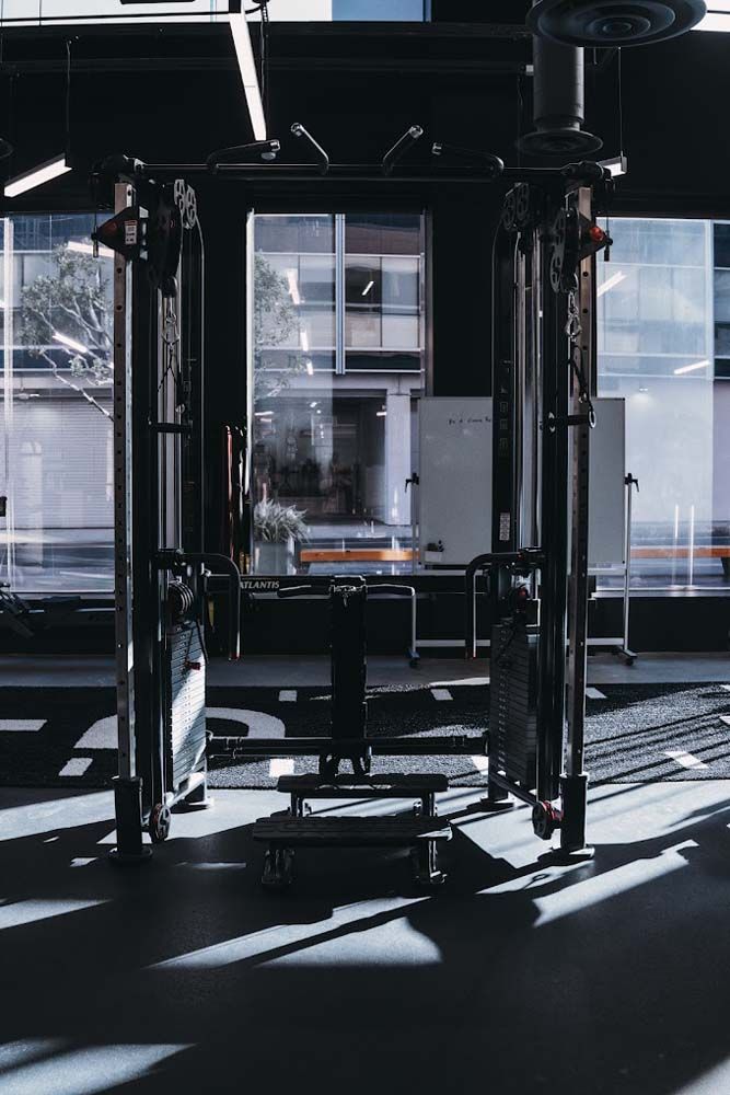 A gym with a lot of equipment and a lot of windows.