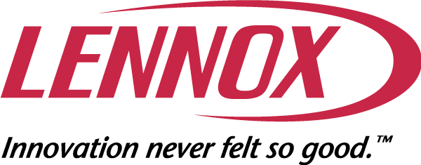 The lennox logo is red and white and says innovation never felt so good.