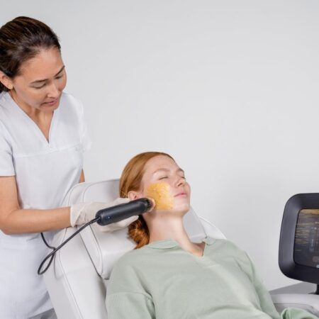 Woman receiving facial treatment from a technician in a clinic.