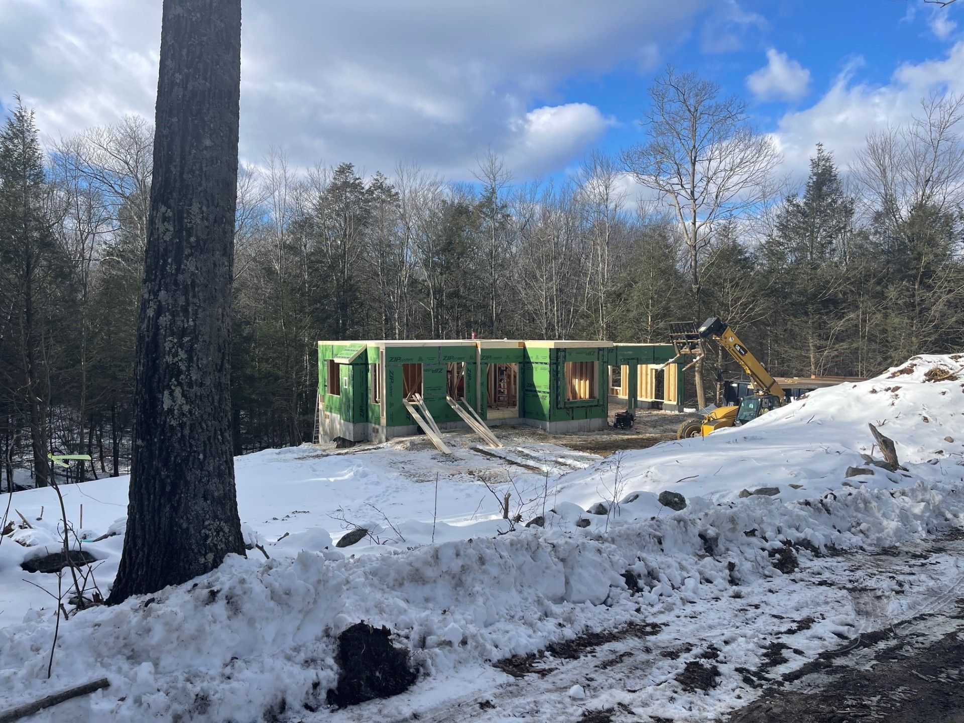 A house is being built in the middle of a snowy forest.