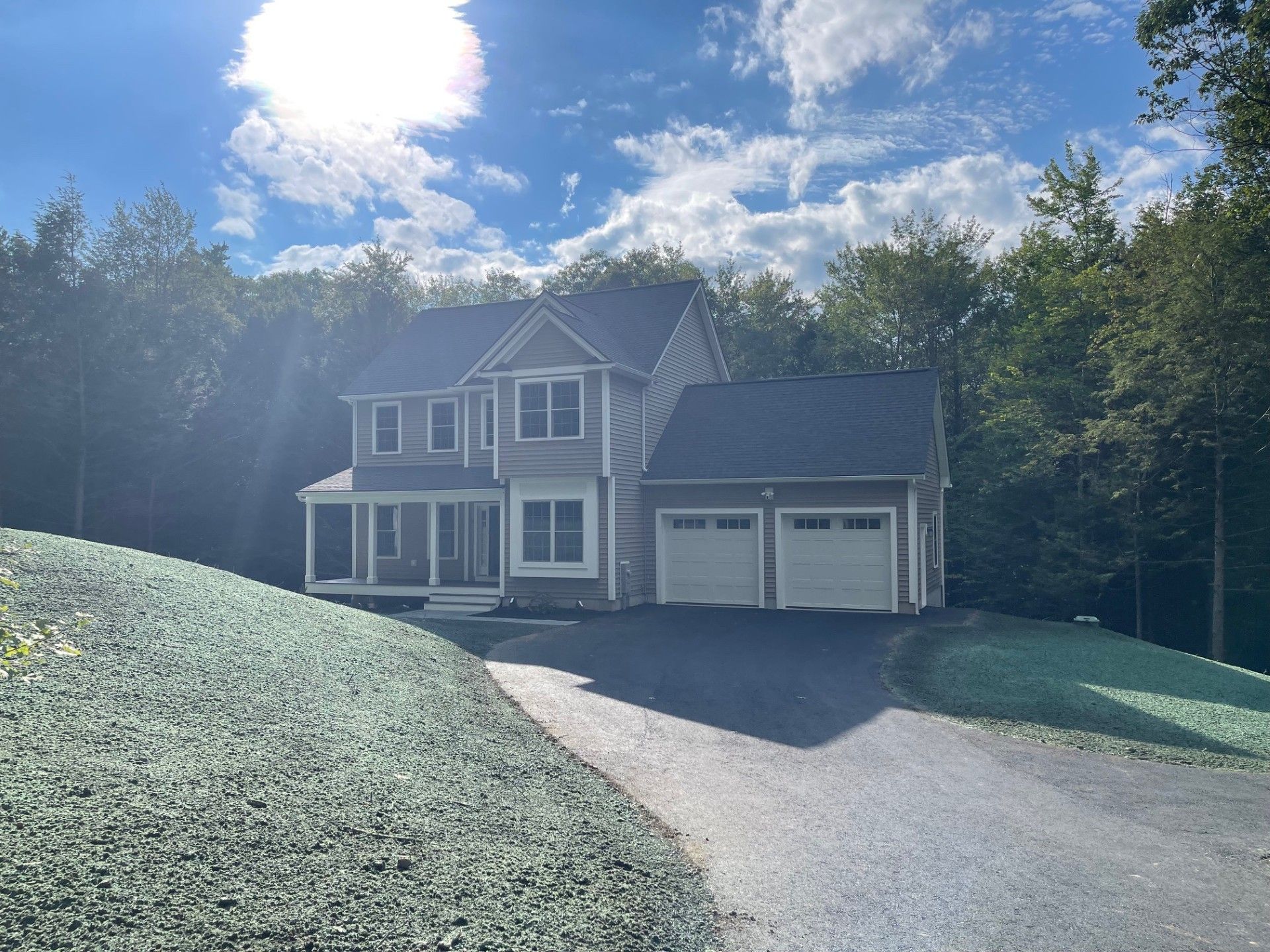 A house with a driveway leading to it is surrounded by trees