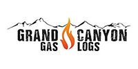 Logo for Grand Canyon Gas Logs: text with mountains and a flame in orange and yellow.